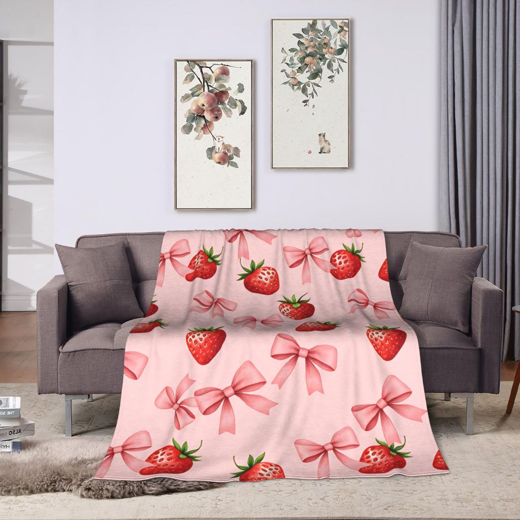 Pink Strawberry Print Flannel Blanket  Warm Soft Throw Blanket for Bedroom Camping Street Trend Bedspread Sofa Bed Cover