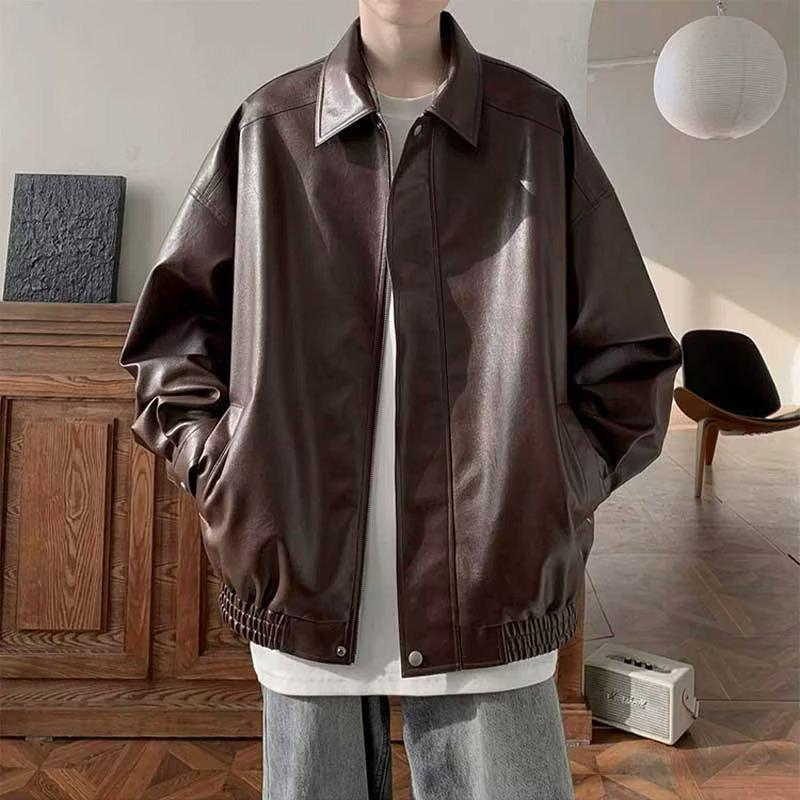 

Men s High-End American Retro PU Leather Jacket, Perfect for Spring and Autumn, Cool and Casual Fashion with Loose Fit and Lapel Design. Medium коричневий