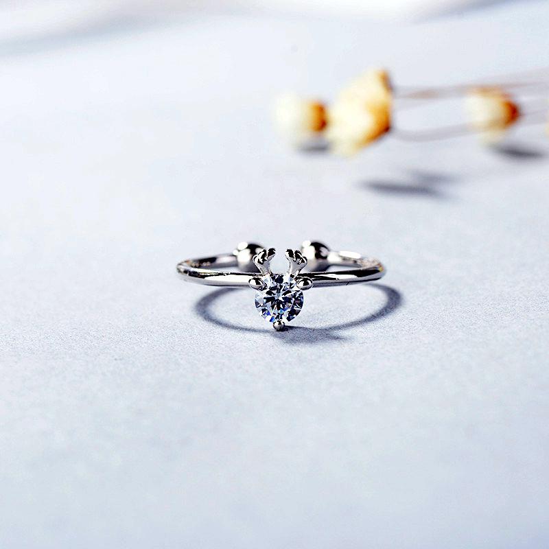 Mori Style Deer Head Open Ring for Women - Elegant Diamond-Set Christmas Jewelry