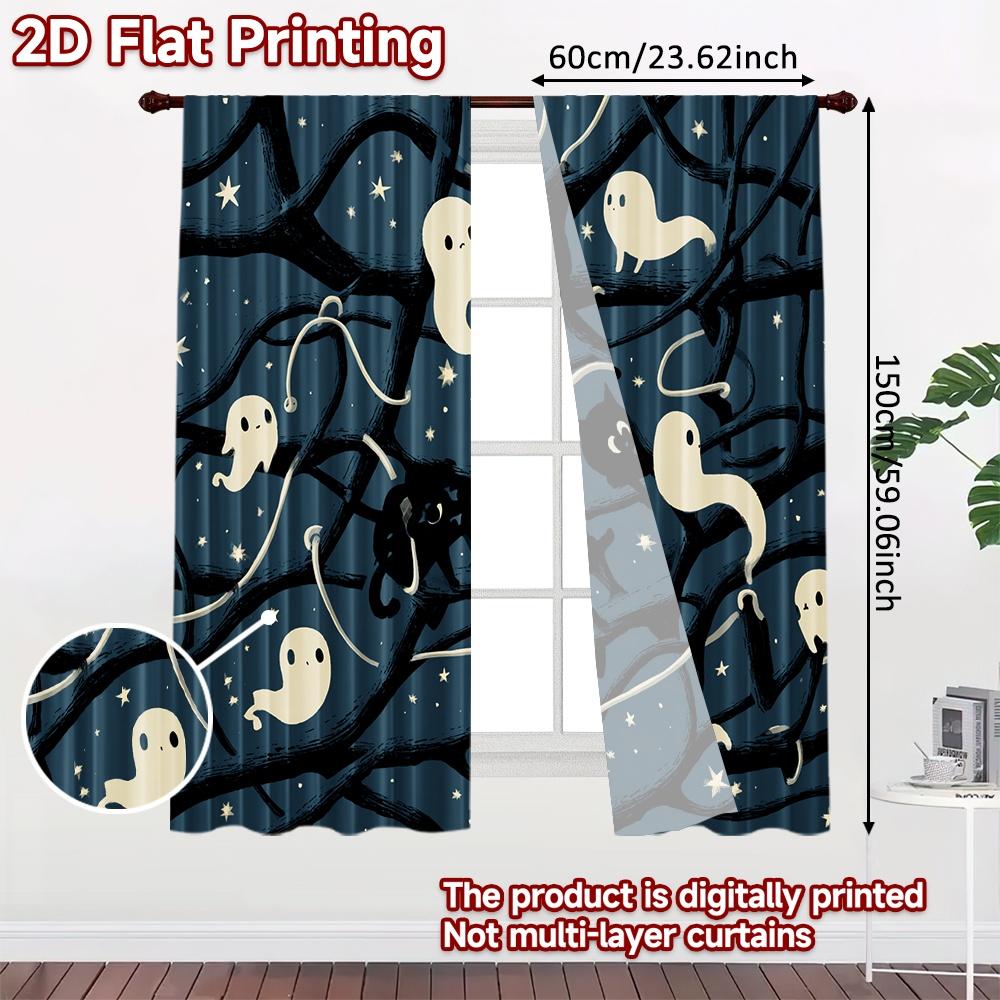 Flat Printing Curtains Without Rod Halloween Night Cat Ghosts Valentine Is Day Holiday Digital Curtain Set Of 2 Made Polyester Washable