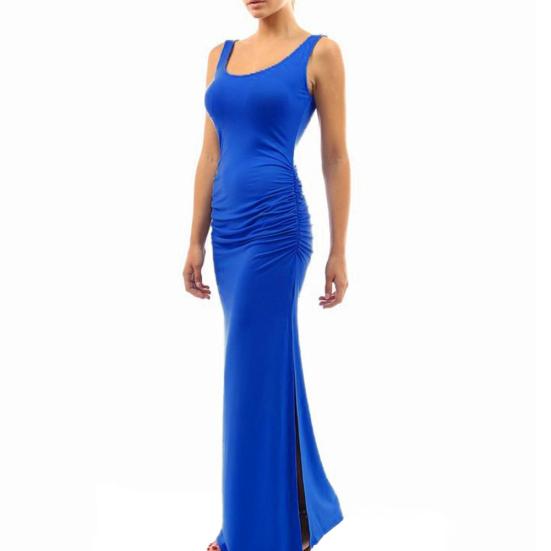 ¿Vestido largo de verano sin mangas con escote redondo y abertura lateral de color liso para mujer?Vestido Largo Fruncido