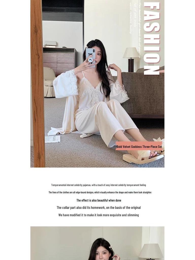 Złote aksamitne piżamy z koronkowym wykończeniem: Damski Seksowny Zestaw Trzyczęściowy Kamizelki z Wkładkami na Biust na Jesień/Zimę