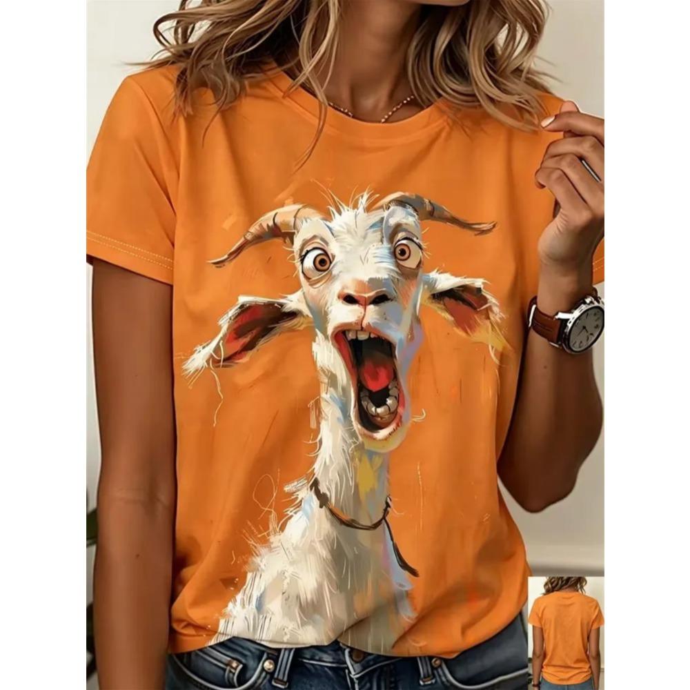 Women's Crew Neck Short Sleeve T-Shirt, Watercolor Wind Wearing Christmas Hat Happy Lamb Print Casual Christmas Day Top