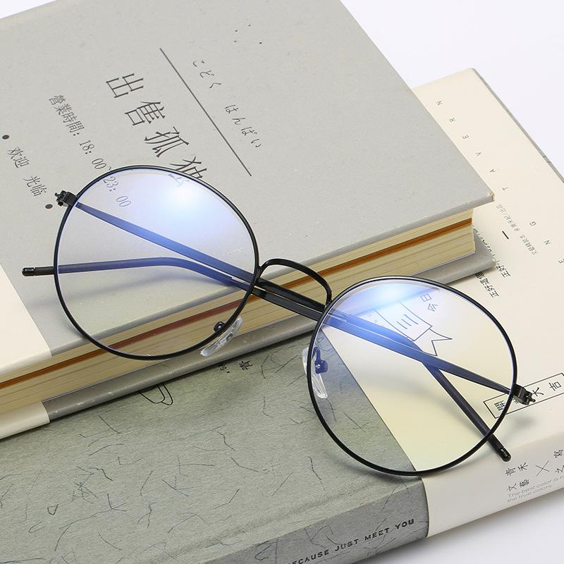 Retro Literary And Artistic Round Flat Mirror Anti-Blue Light, Metal Round Frame Glasses Frame Tide