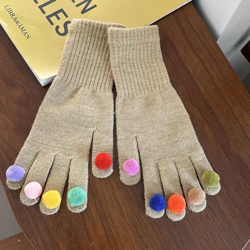 Cartoon Thermal Gloves Women Winter Thickened Cute Couple Student Cold Knitted Wool Riding Five Fingers