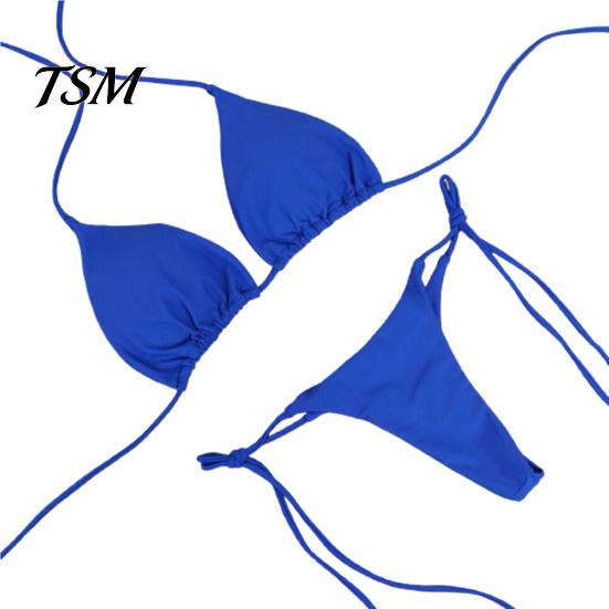 Lady Swimwear 2 Pcs/Set Bikini Set Solid Color Halter Neck Women Swimsuit Strap Thong for Beach