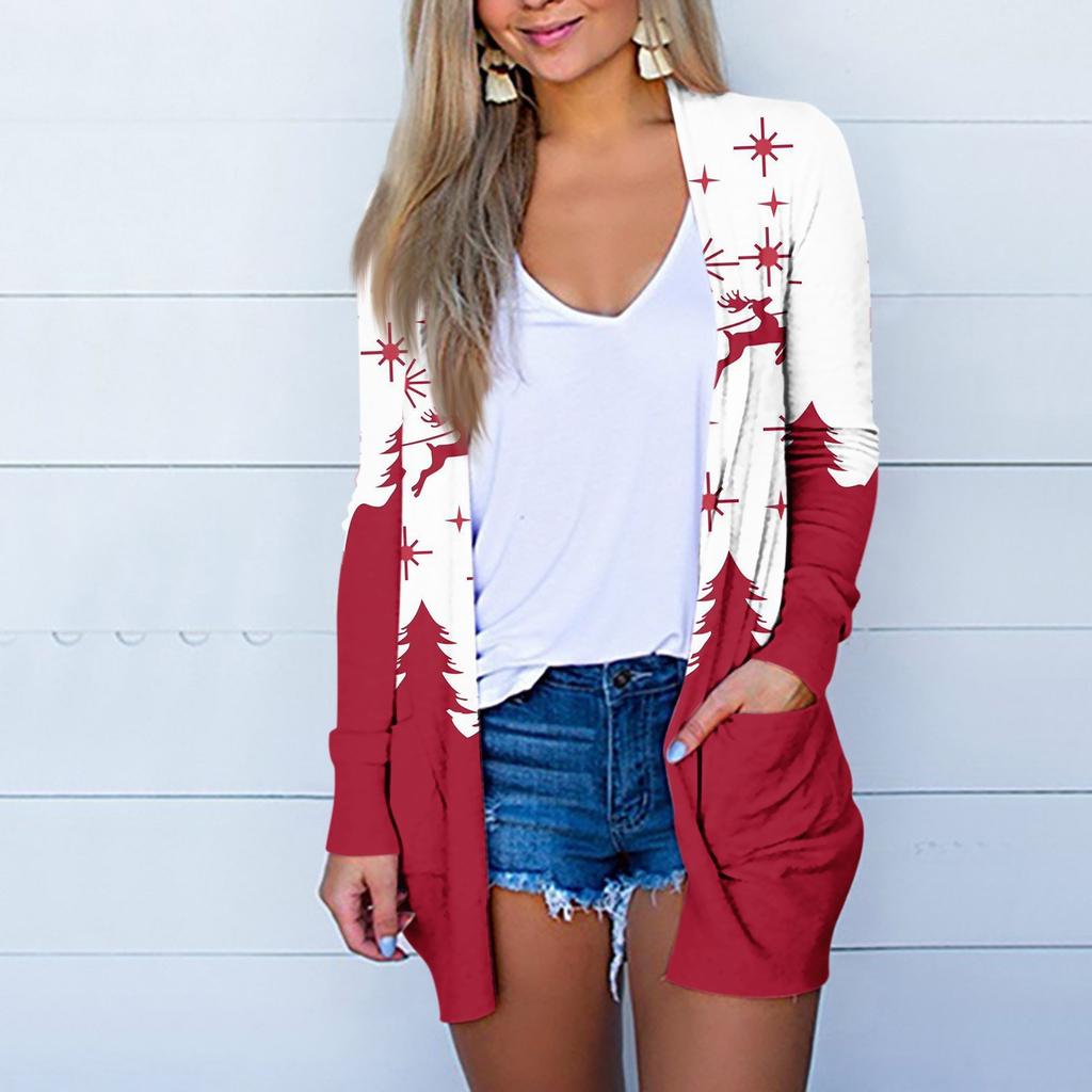 Damenmode, lässig, Weihnachtsdruck, mittellanger Cardigan-Jackenmantel
