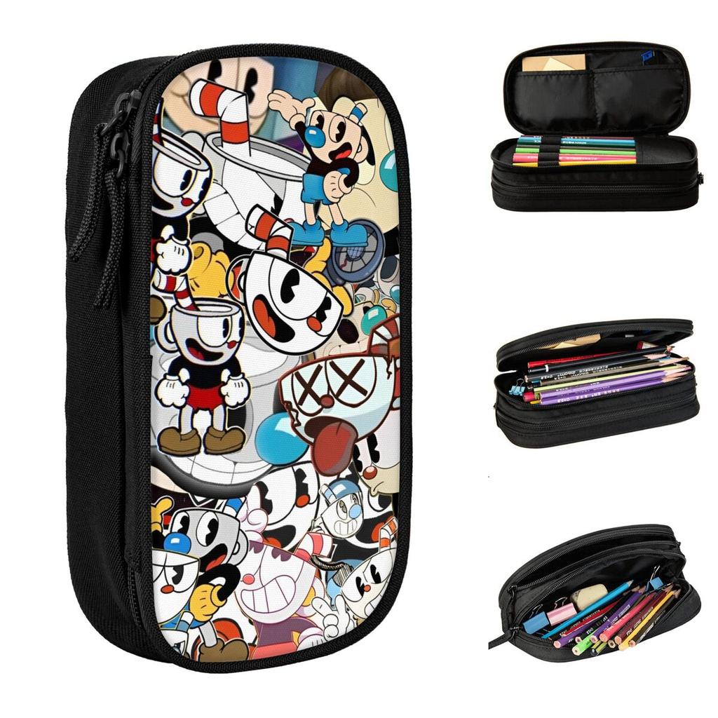 Estuche grande para lápices Cuphead Cute Cups Merch Estuche doble con divertidas expresiones Estuche para lápices Neceser de maquillaje para niñas Regalo de cumpleaños