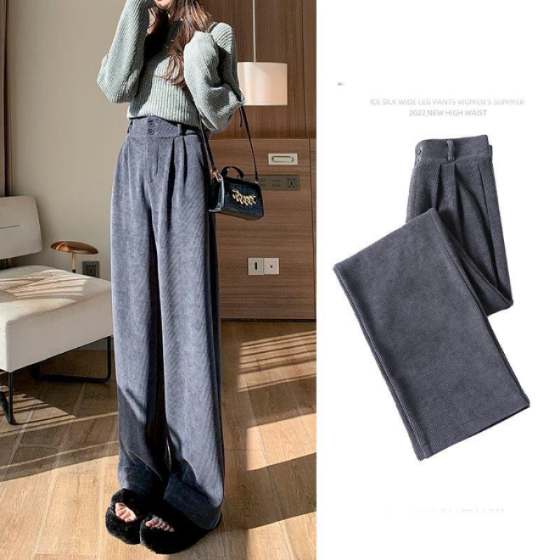 Ins Trendy Women Korean High Street Wide Leg Trouser Autumn Winter Thick Warm Women's Pant Fashion Corduroy Loose Button Trouser