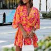 Vestido de Vacaciones con Cuello en V, Mangas Murciélago, Capas, Dobladillo con Volantes, Mini Vestido Casual de Verano con Cordón en la Cintura, Estampado de Hojas de Coco, Ropa Femenina