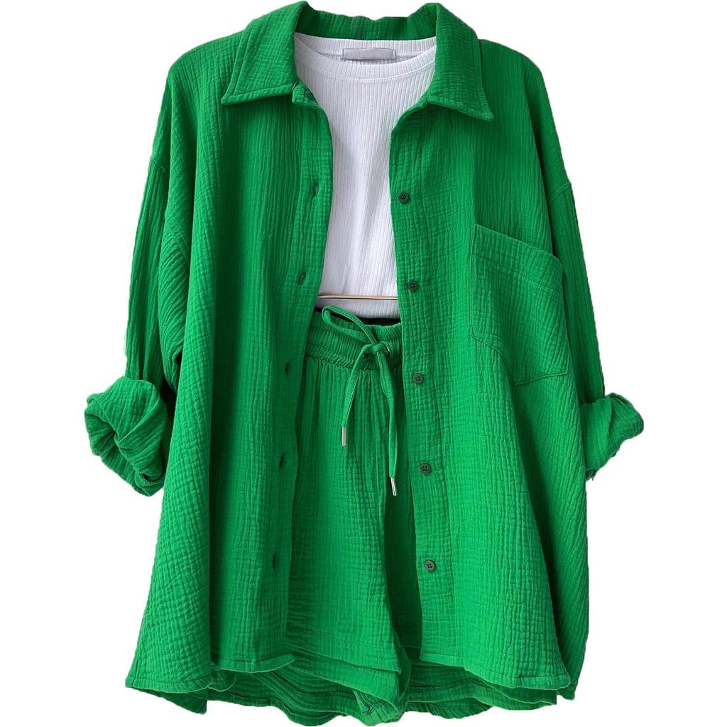 2024 Autumn Women's Two-Piece Set: Wrinkled Long Sleeve Shirt & High Waist Drawstring Shorts