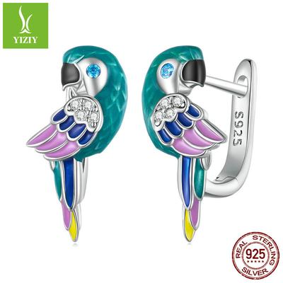 Pendientes de Clip de loro con Goteo de Colores, Pendientes de Pájaro de Plata S925 con Diseño de Nicho