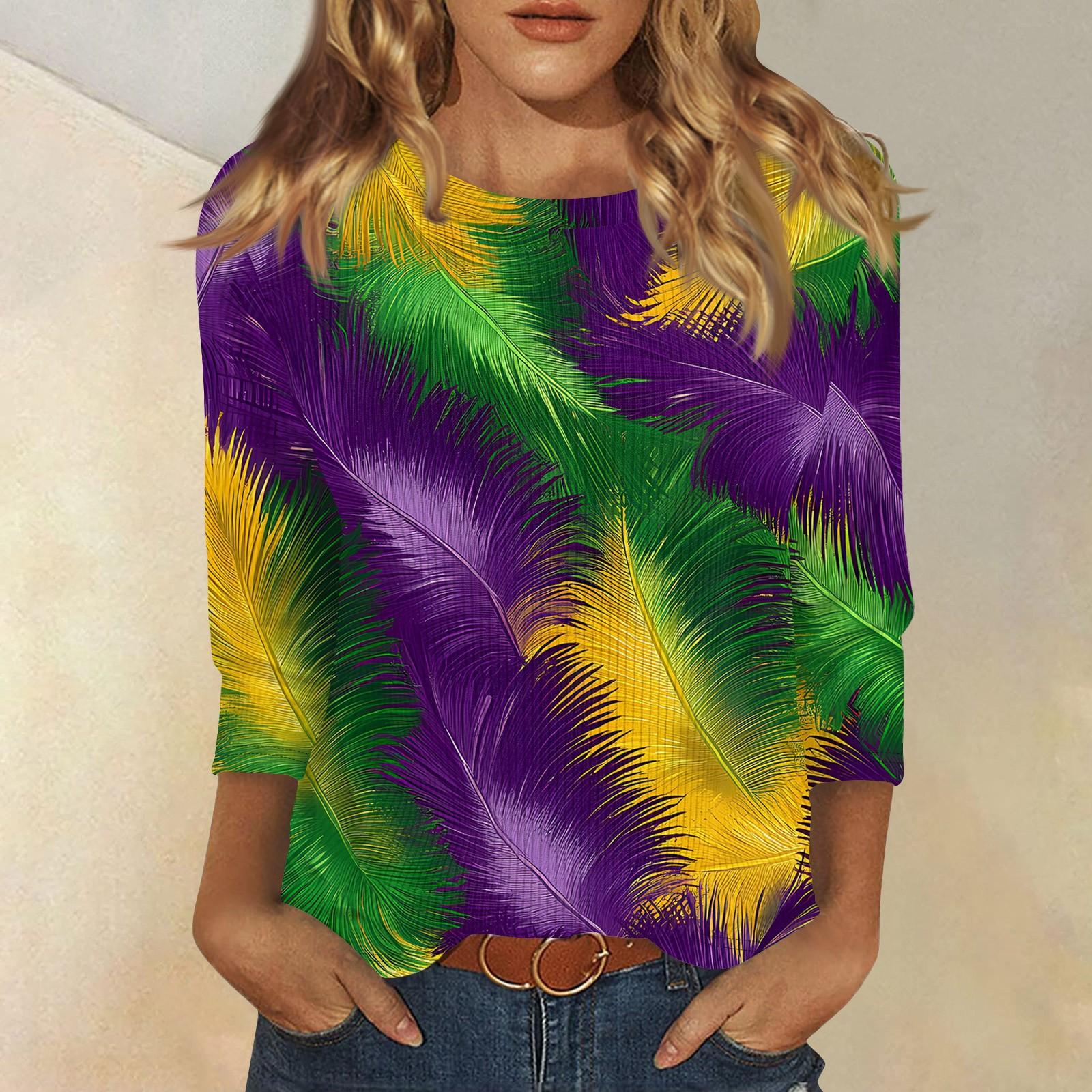 

Женская модная зимняя повседневная футболка с круглым вырезом и принтом в полоску с карнавальным принтом и рукавом три четверти Женская одежда XL фиолетовый