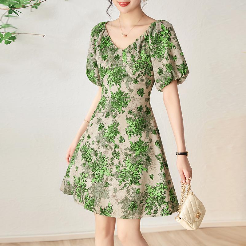 

Sweet V-Neck Puff Sleeve Floral Tie-Back Dress XL зелёный