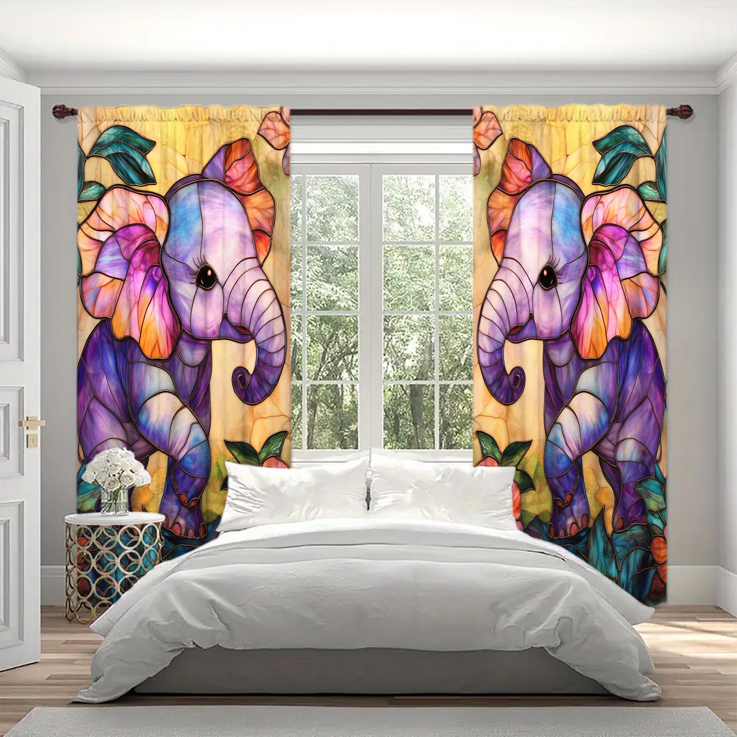 

Panels Stained Glass Cute Little Elephant Semi Curtain Half Suitable Home Decorative Curtains Artistic Room Darkening Made Of Polyester W100*H70(CM)-Hooks&2PCS