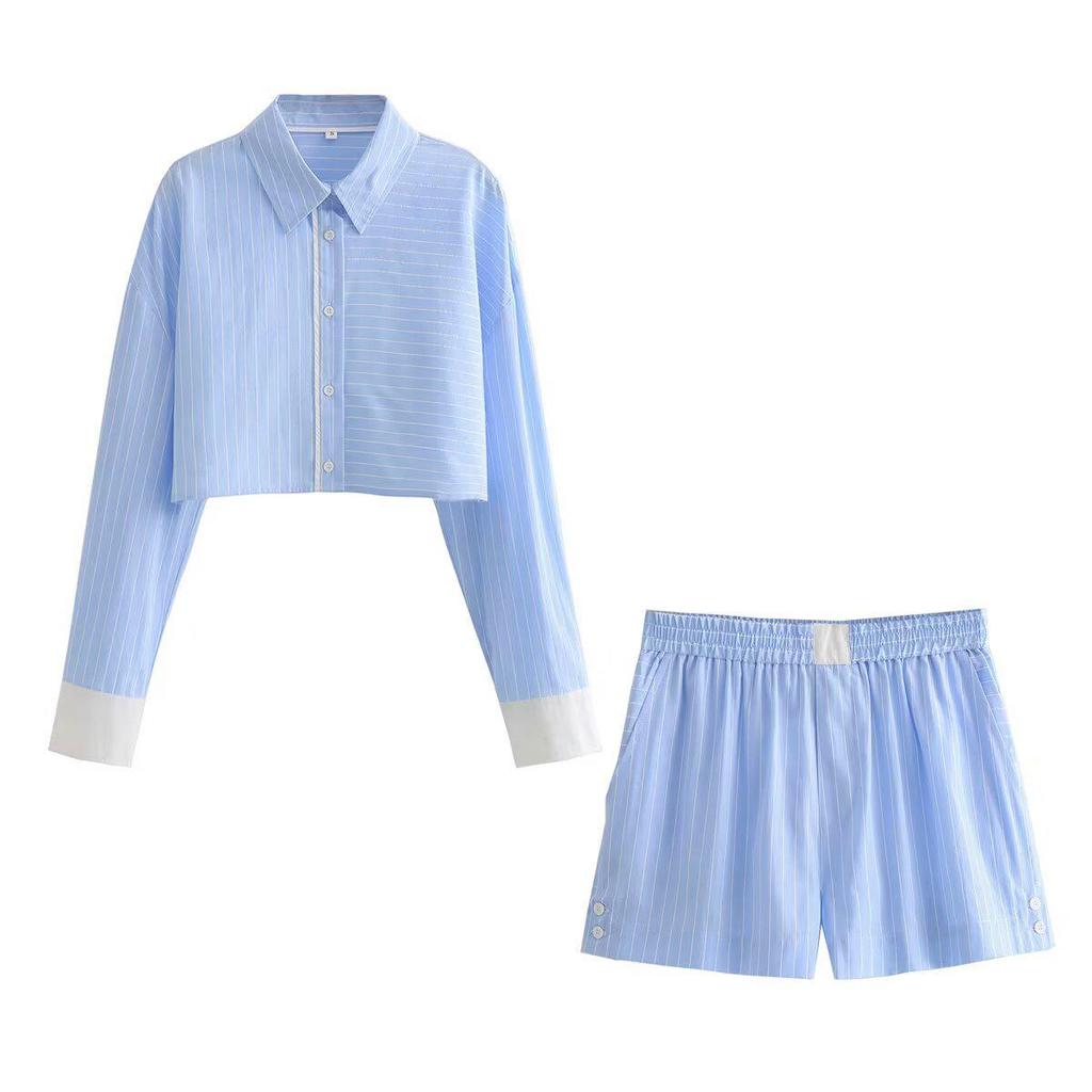 Spring 2025 Women's Striped Color Block Shirt & Shorts Set - European/American Style