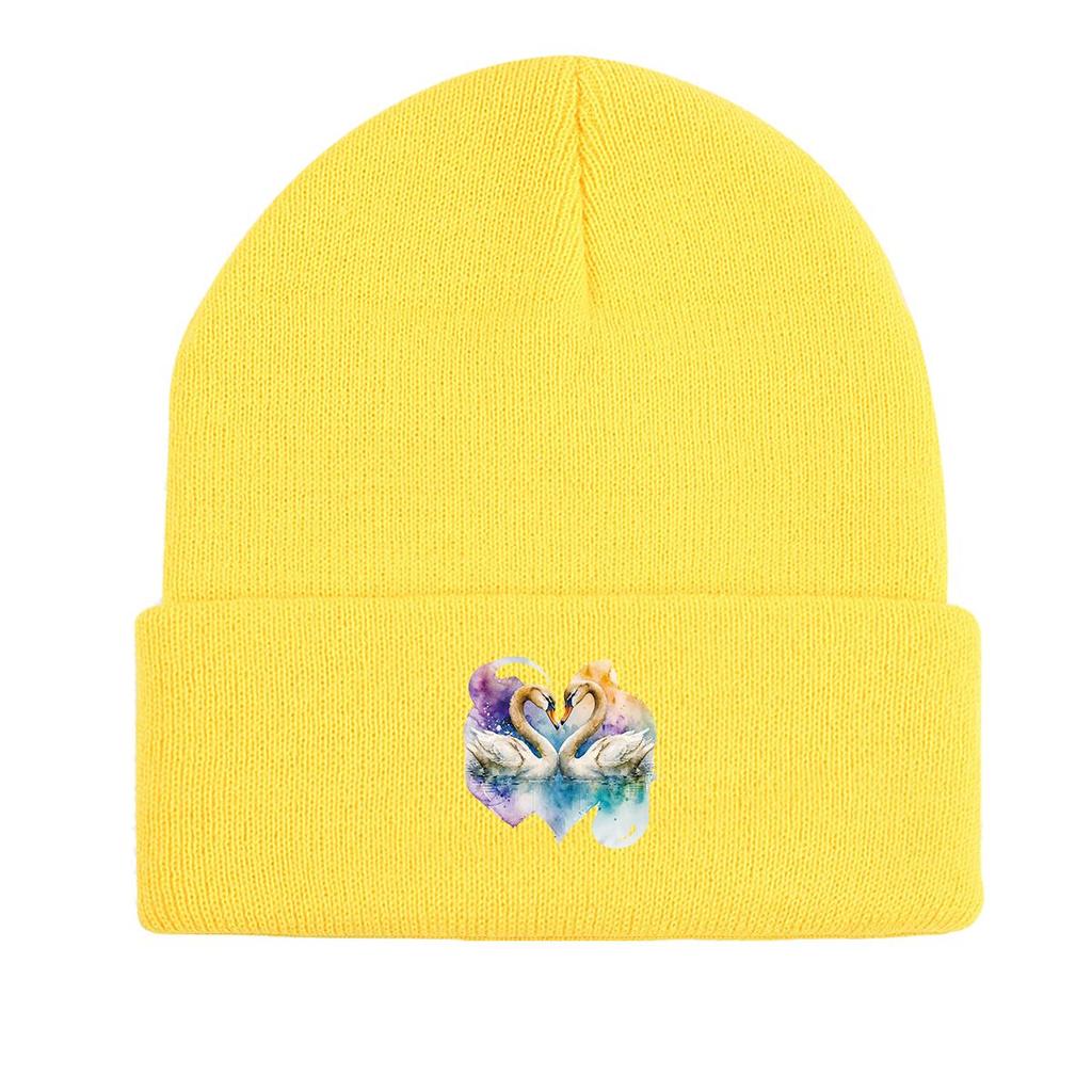 Swan Couple Warm Knitted Hat Beanie, Heart Skull Cap Lightweight Candy Color Headwear Gorro Knit Cap Beanie