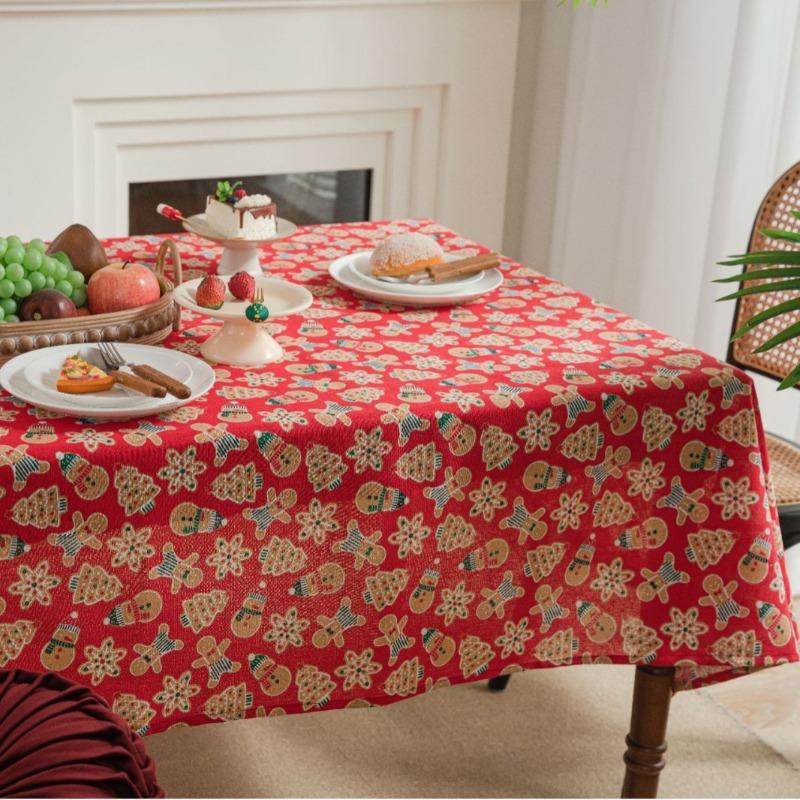 1PC Christmas Biscuit Man Print Japanese Cotton and Linen Red Festive Table Cloth Decoration Kitchen Rectangle