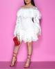 Women's Off Shoulder Long Sleeve Mini Dress Loose Fit Mid Rise Elegant Commute Solid Eyelet Ruffle Hem Party Club Short Dress