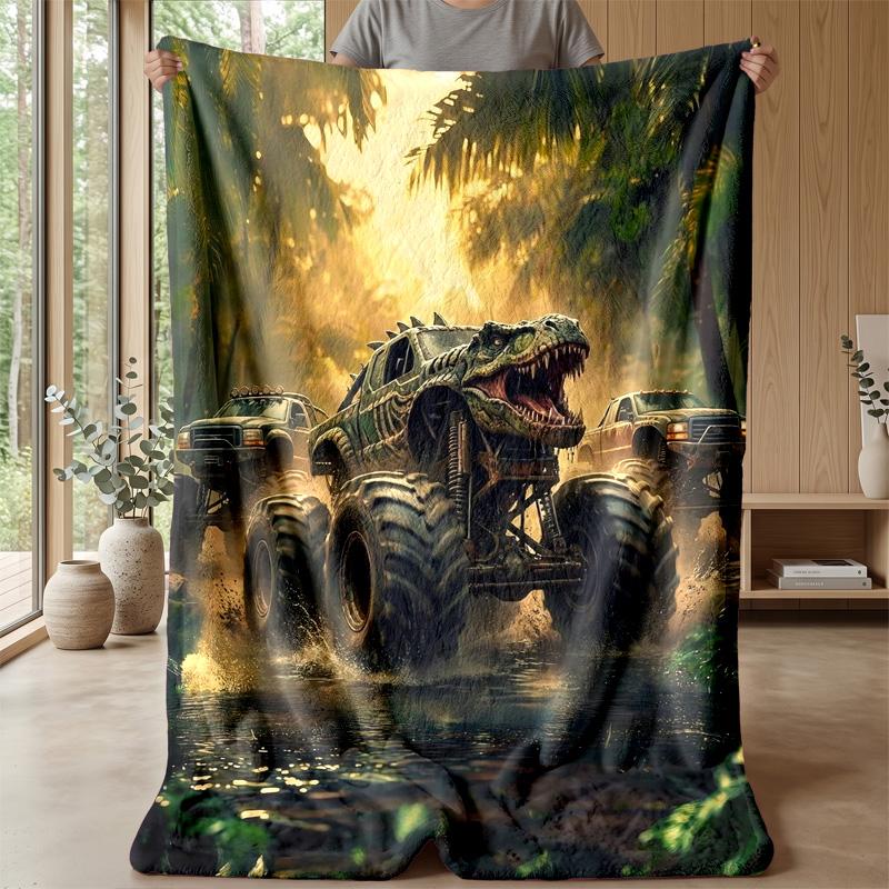 Green Garbage Truck Theme Blanket Lightweight Warm Flannel Blanket Decorative Throw Blanket for Home Decoration