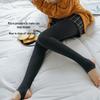 Grey Vertical Stripe High-Waisted Leggings for Women with Thin Fleece, Footed Tights, and Thickened Design for Autumn and Winter.