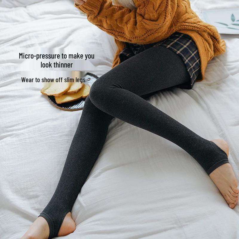 Grey Vertical Stripe High-Waisted Leggings for Women with Thin Fleece, Footed Tights, and Thickened Design for Autumn and Winter.