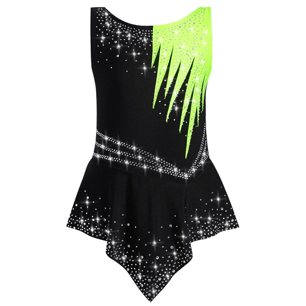 Girls Rhythmic Gymnastics Leotard Sleeveless Shiny Rhinestones Contrast Color Bodysuit Competition Costume