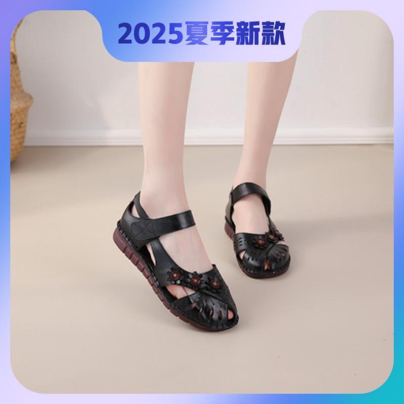 Sandals Women's Genuine Leather Beef Tendon Sole Spring and Summer Fish Mouth Flower Hollow Velcro Non-slip Soft Sole Comfortable