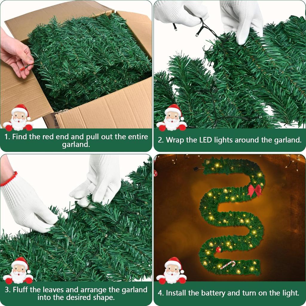 16.4FT/5M Christmas Garland with 100 LEDs Lights, Artificial Greeny Christmas Decorations Wreath for Fireplace Stair Front Door