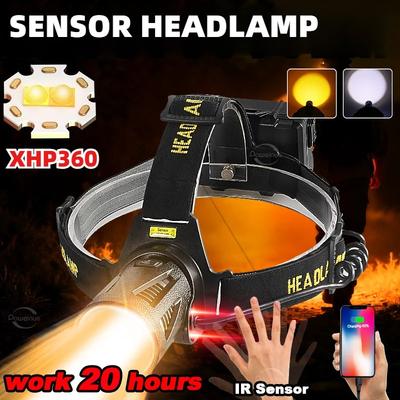 Latarka czołowa XHP360LED o dużej mocy 30W, ładowalna, wodoodporna do użytku na zewnątrz, z czujnikiem podczerwieni IR, czołówka kempingowa, myśliwska, robocza