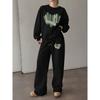 Women's 2-Piece Crewneck Sweatshirt & Drawstring Straight Leg Pants Set, Casual Printed Relaxed Fit Tracksuit, Fashionable Versatile Athleisure
