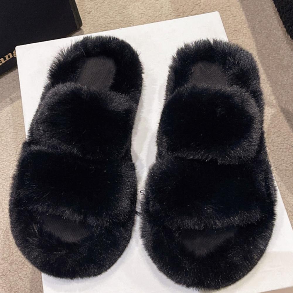 Damen Weiche Plüsch Doppelriemen Hausschuhe Fell Gemütliche Winter Pantoletten