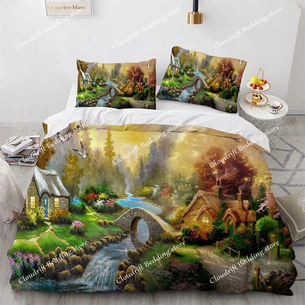 Oil Painting King Queen Duvet Cover Vintage Building Landscape Bedding Set for Adults Retro Art microfiber Quilt Cover