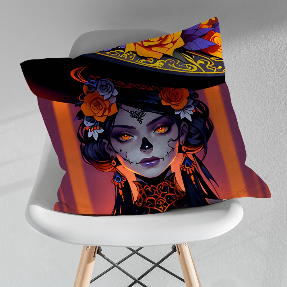Cartoon Skull Girl Catrina Pillow Case For 30x30cm45x45cm55x55cm For Home Bedroom Decoration And Protector