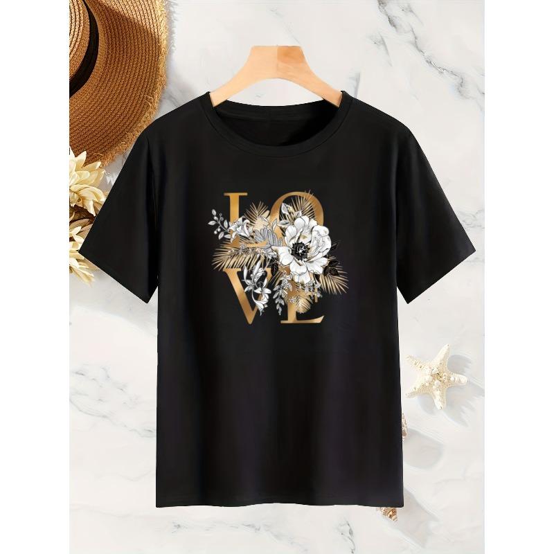 Women's Floral LOVE Letter Print T-Shirt Crew Neck Short Sleeve Non-Transparent Machine Washable Valentine's Day Casual Commute Vacation Top