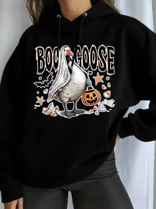 2025 Autumn/Winter Women's Halloween Print Hooded Sweatshirt, EU Size, Loose Fit, Long-Sleeve