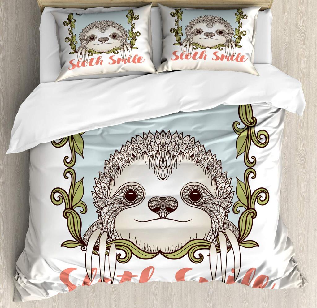 Sloths Tropical Leaves Warm Comforter Cover Set Beding Set for Children Kids Young Boys Young Girls Lovely Animal Soft Duvet Cover Lovely Bedspread