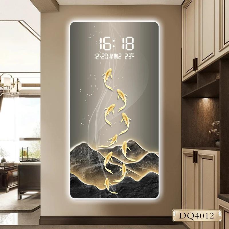 

Nine fish picture porch decorative painting clock advanced sense wall light electronic clock hallway hanging picture 40X80CM
