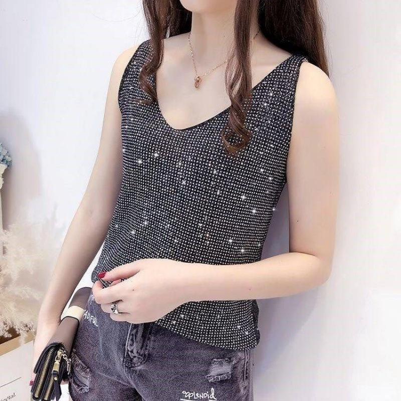 Women Ice Silk Diamond Shirt Female Wild V Neck Sleeveless Loose Short Shirt Tank Top Summer Camis and Vests
