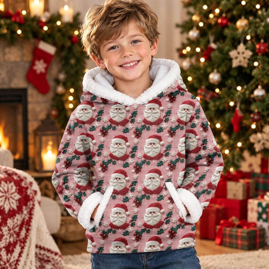Kids Long Sleeve Christmas Print Casual Hooded Top for Boys and Girls Holiday Outfit