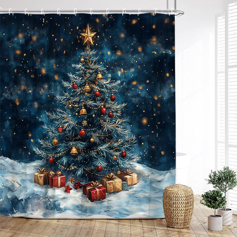 Cute Christmas Snowman Shower Curtain Winter Forest Xmas House Cedar New Year Home Bathroom Decoration Bath Curtains With Hooks