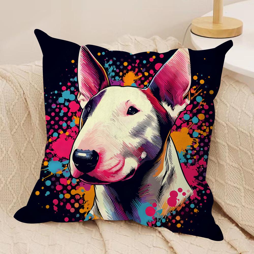 Cartoon Bull Terrier Series Cushion Cover Silky Short Plush Invisible Zipper Dustproof Sofa Pillow Case For Home Decor