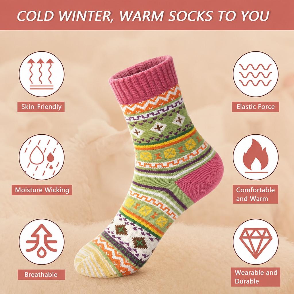 Women's Thick Warm Wool Mid-Calf Socks, Cross Flower Pattern, 5 Pairs