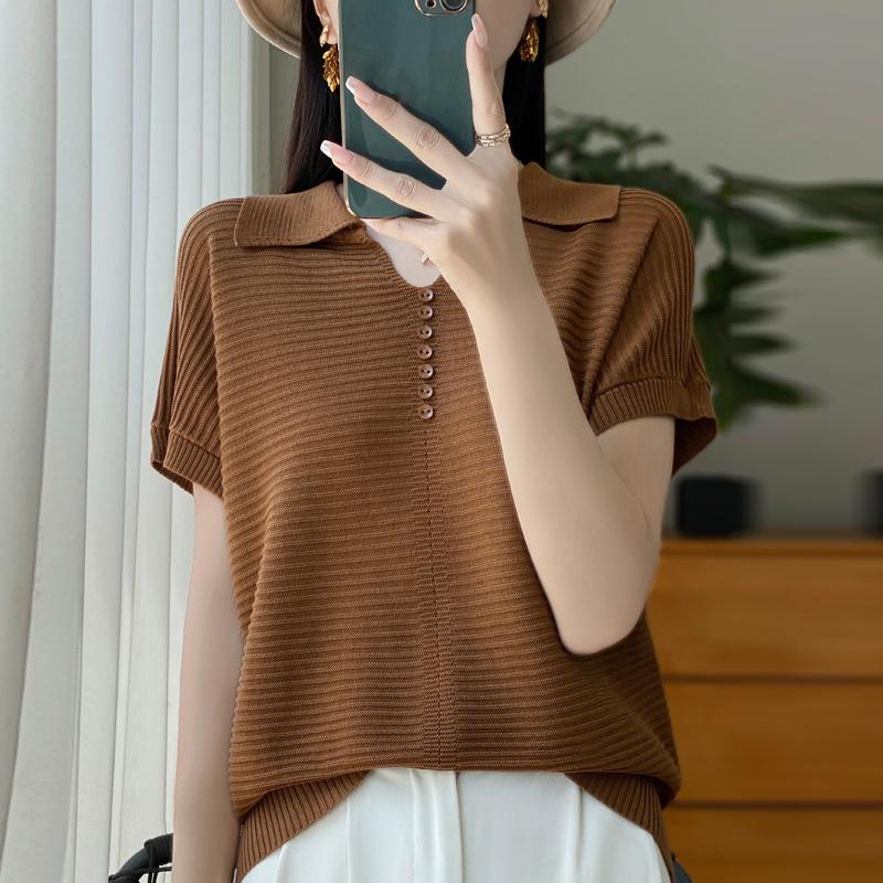 Women Knit T-shirt Summer Knitted Shirt Short Sleeve Tees Turn-down Collar Pullover Knit Tops Female