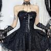Gothic Goth Dark Lace Patchwork Bandage Strapless Corset Dress Party Gown Fairy Backless Tailed Women