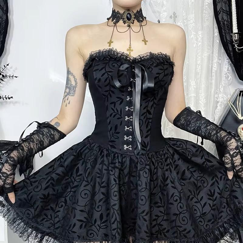Gothic Goth Dark Lace Patchwork Bandage Strapless Corset Dress Party Gown Fairy Backless Tailed Women