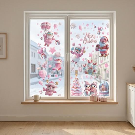 Festive Shop Window Supplies 9Pcs Pink Christmas Static Clings, Santa Snowman Bunny Penguin Glass Cute Rabbit Stickers Decals, Reusable Xmas Stickers,