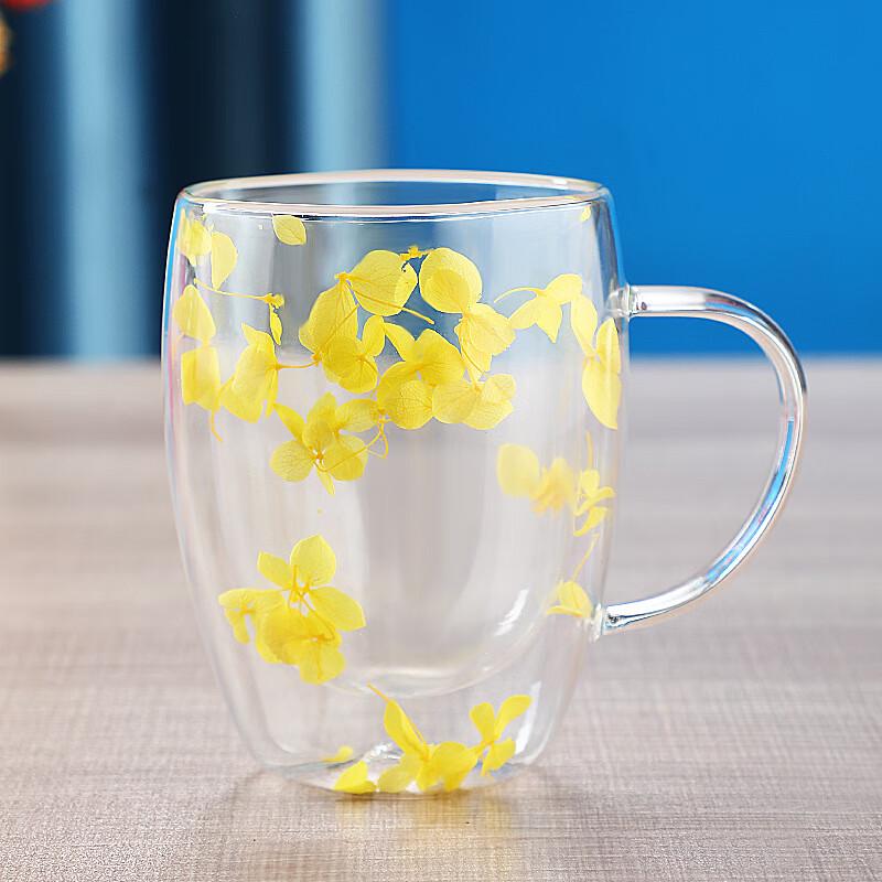 Elegant Double-Layer Glass Mug with Real Dried Flowers
