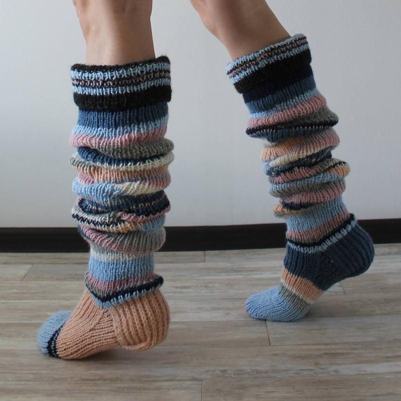Women Vintage Colorful Striped Knitted Thigh High Tube Stockings Preppy Style Slouchy Over Knee Boot Socks Leg Warmers