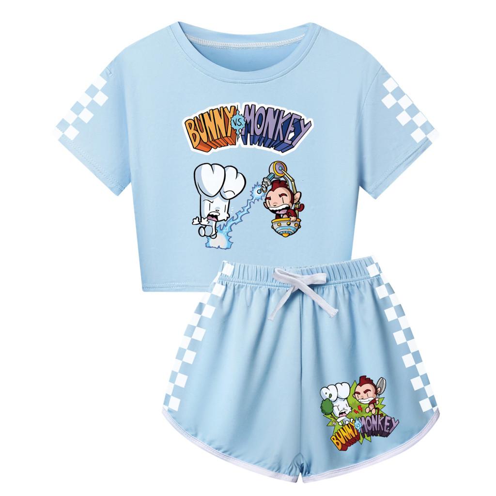 4187 Children Girls Bunny Monkey Print Short Sleeves T-Shirt Shorts Pants Tracksuit Clothes Set